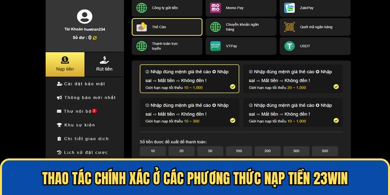 Thao tác chính xác ở các phương thức nạp tiền 23Win